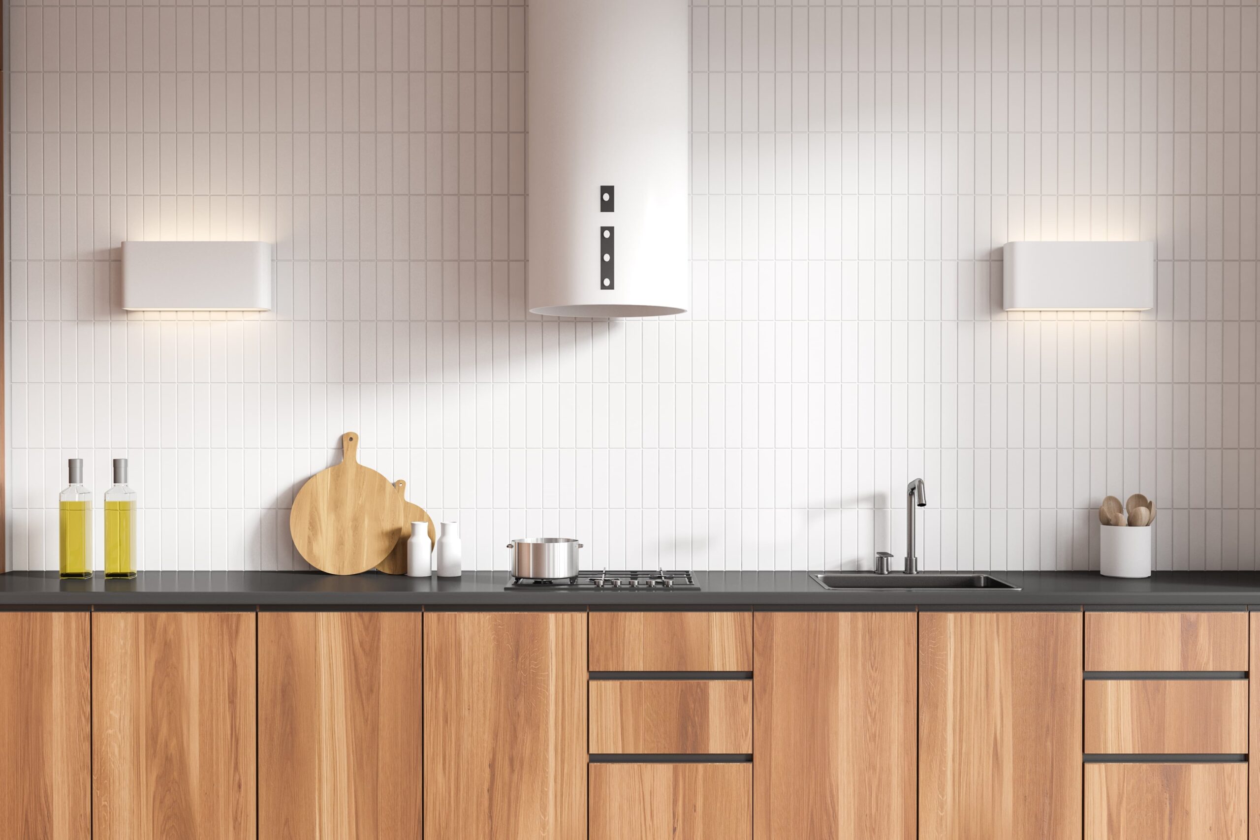 Contemporary kitchen with large island, modern cabinets, and bright lighting.